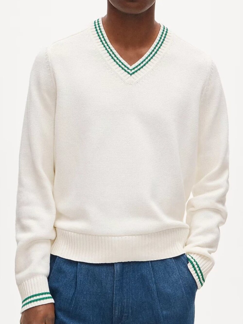 Men’s J. Crew Cream/Green V-Neck Compact Cotton Heritage Sweater S NWT
